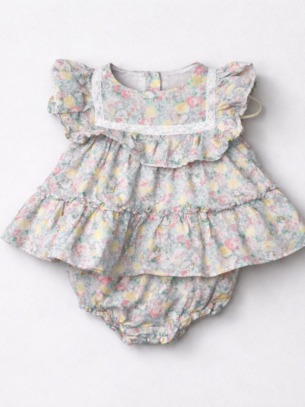 Janie and Jack Pastel Floral Ruffle Dress & Diaper Cover - Pink, Yellow, Blue
